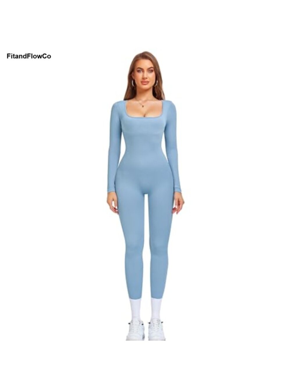 OLCHEE Womens Long Sleeve Seamless Ribbed Jumpsuit Square Neck